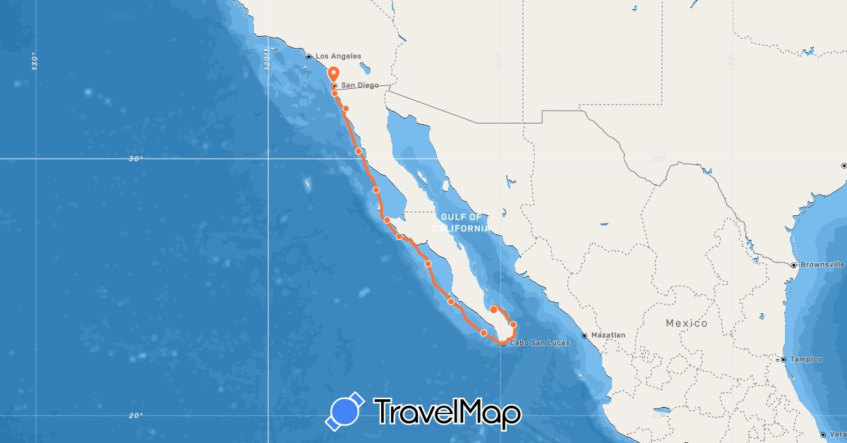 TravelMap itinerary: driving, sailing in Mexico (North America)
