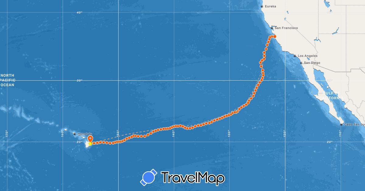 TravelMap itinerary: plane, kayak in United States (North America)
