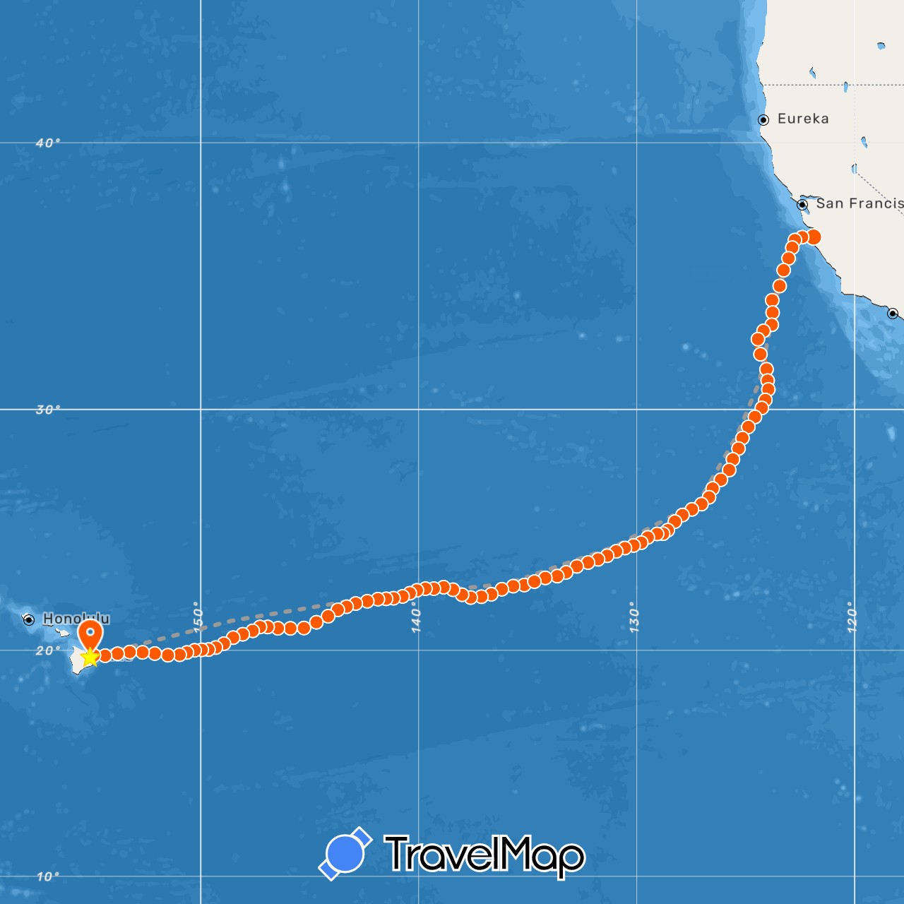 TravelMap itinerary: plane, kayak in United States (North America)