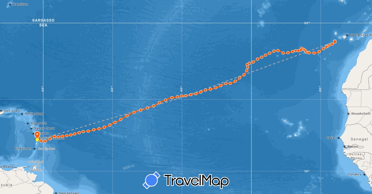 TravelMap itinerary: kayak, planned in Spain, France (Europe)